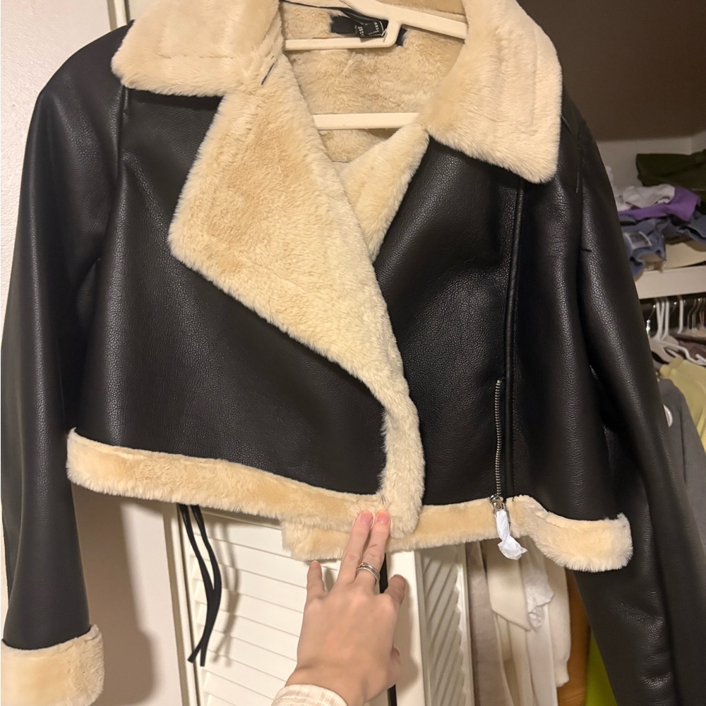Women's Black and Cream Faux Leather Jacket